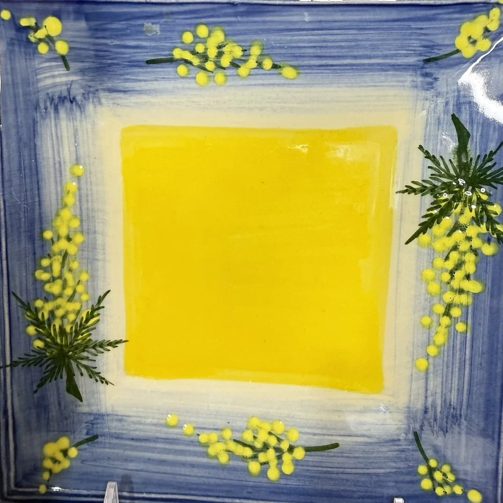 Atelier Du‎ Sage France Mimosa 7X7 Square Plate Hand Painted Blue Yellow #363